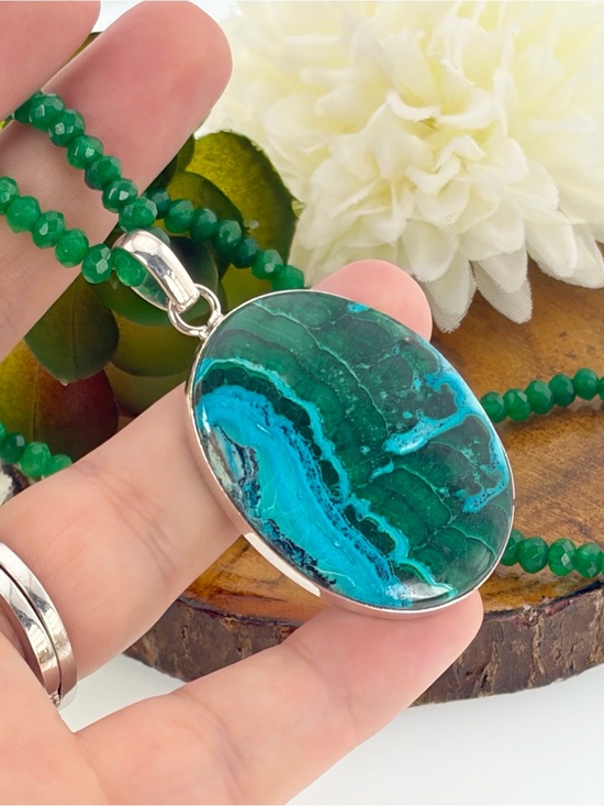 Southwest Jewelry - Pure Sterling Silver 925 Top Quality Malachite Chrysocolla Pendant Necklace